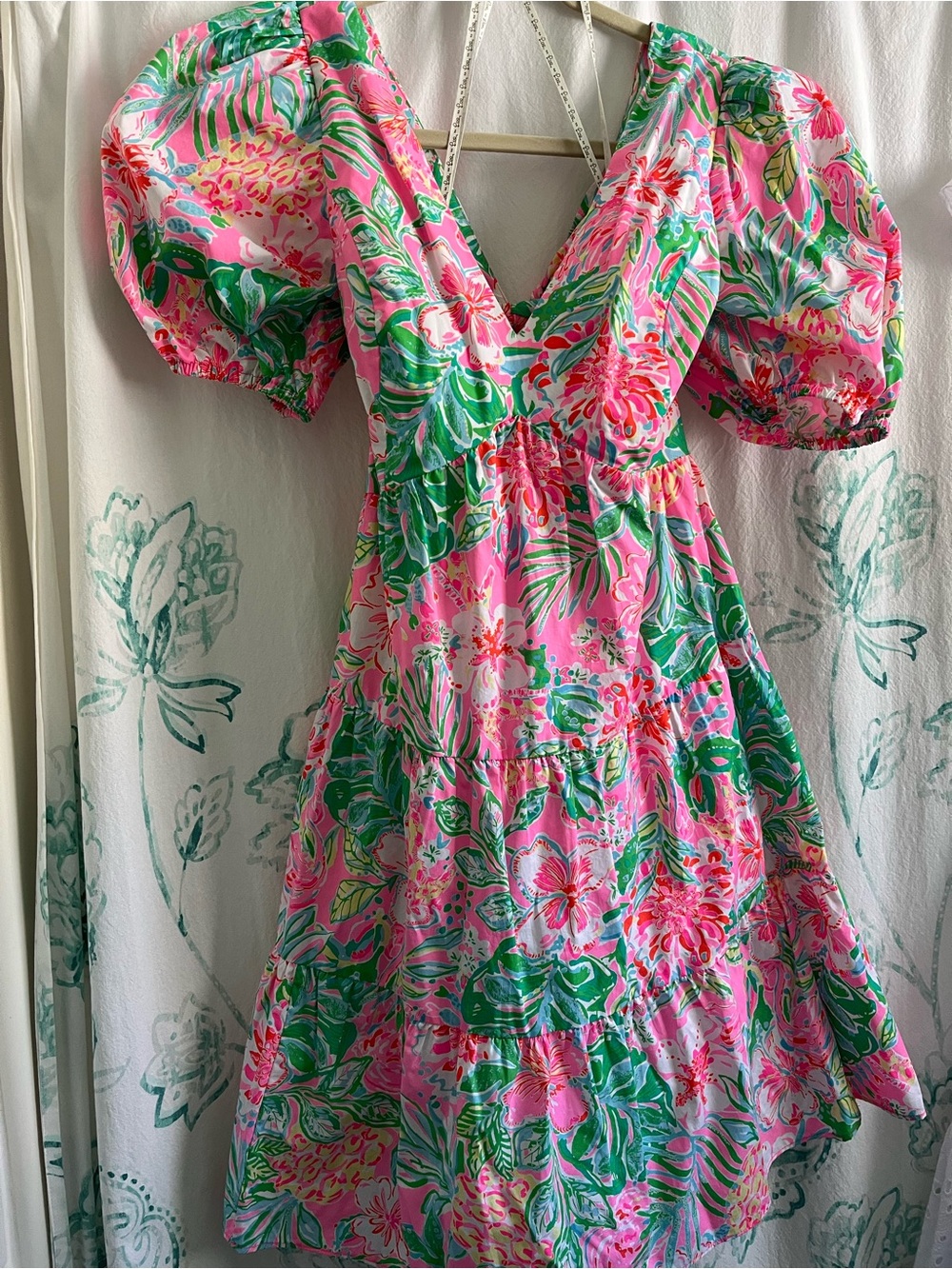Lilly Pulitzer Pink Green Floral V-Neck Tiered Mini Dress - Picture 7 of 15